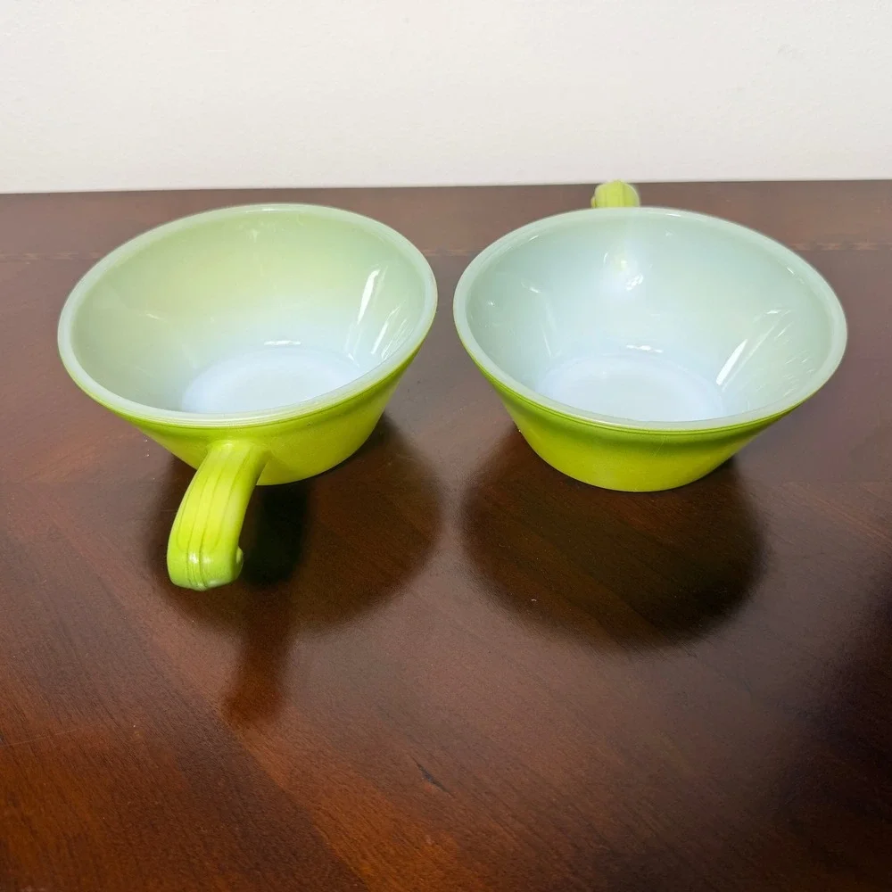 Vintage Fire King Green Ombre Handled Soup Bowls Set of 2 1960s Anchor Hocking